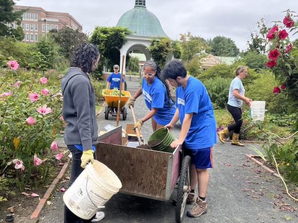 A photo of several Honors students working in Grandmother's Garden as part of their two-day orientation weekend.