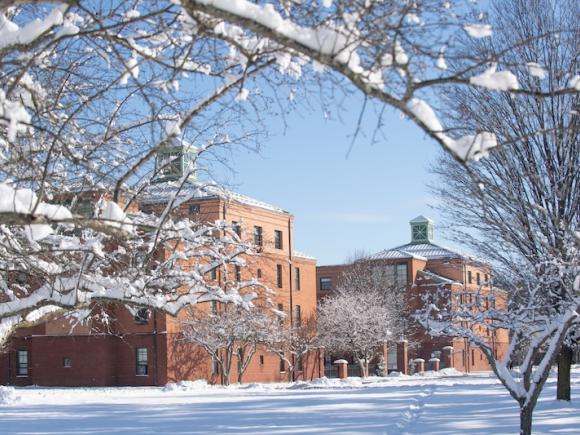 A stock photo of the campus green with snow covering the ground and trees around it.