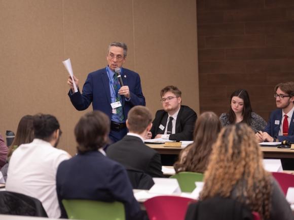 Mayor William Reichelt of West Springfield speaking at the SGA's Civic Leaders Speaker Series, encouraging local volunteerism. 