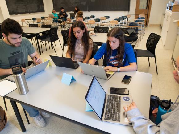 Math students collaborating on laptops during a classroom project.