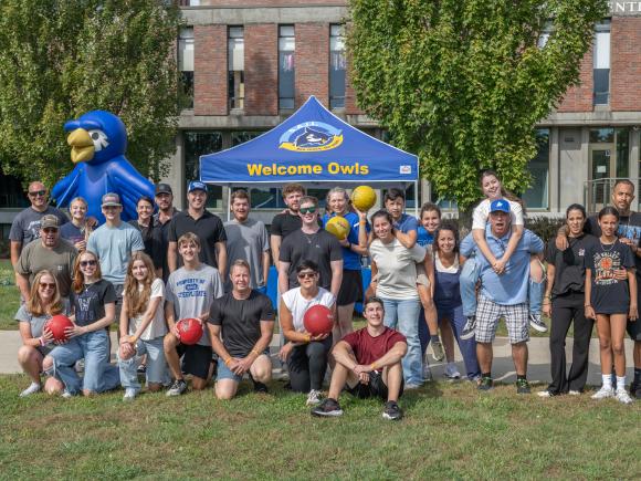 Large crowd gathers with dodge balls