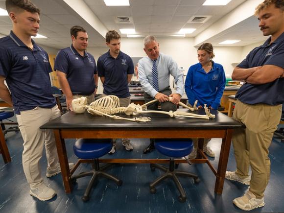 Students and a faculty member studying a skeleton model during an athletic training class.