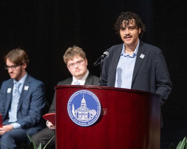 Health Sciences student and SGA member speaking at the State of the Campus event.