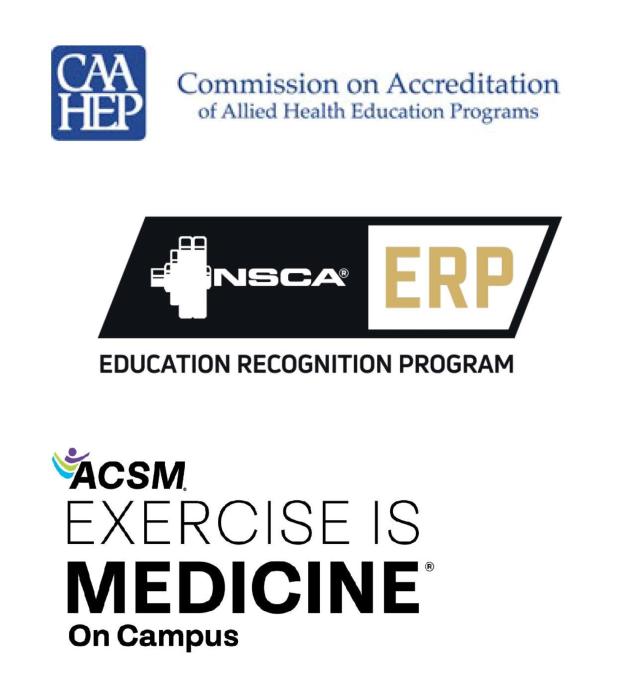 Logos for CAAHEP, NSCA, and EIMOC.