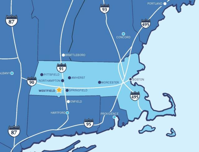 Map of Massachusetts and where Westfield is located on it.