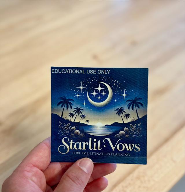sticker saying "educational use only: starlit vows"; artwork depicting a starlit night on a beach