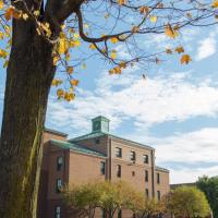 A stock photo of campus, with a tree in autumn with yellow leaves and dorm buildings in the distance, along with a cloudy blue sky.